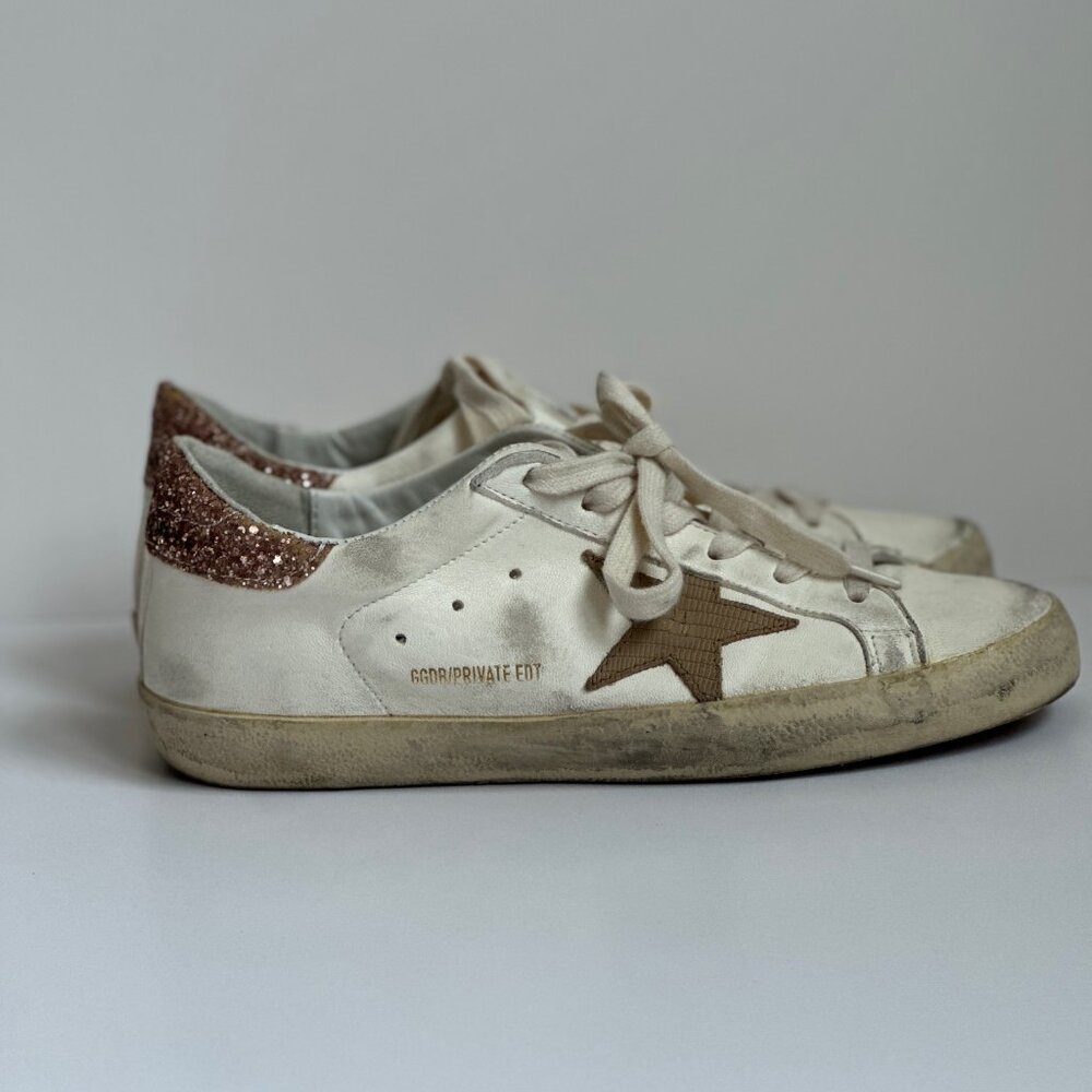 Sz 39 Golden Goose Super Star Sneaker Snake Star Glitter Heel White/Brown/Peach